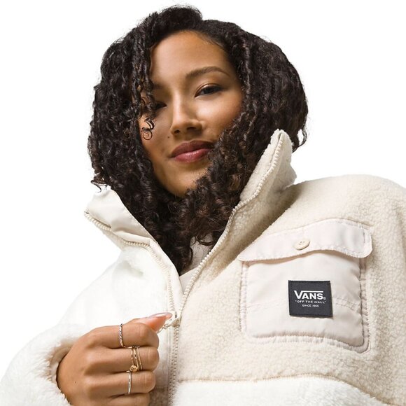 Vans Sherpa Lined Jacket Womens XL Fleece Avondale Cream Beige Full Zip Checker - Picture 13 of 14